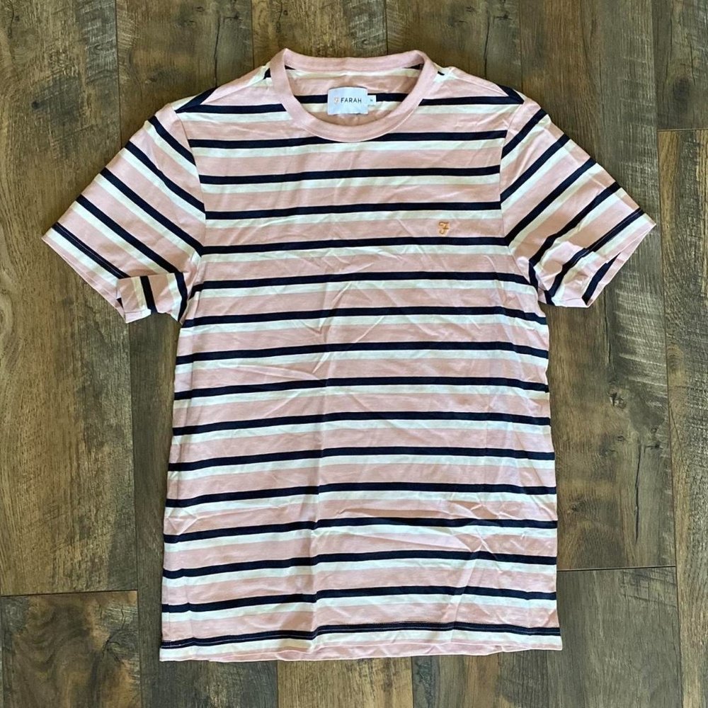 USED Farah Striped T-Shirt Men’s Size MEDIUM Pink Navy Blue Short Sleeve 90’s